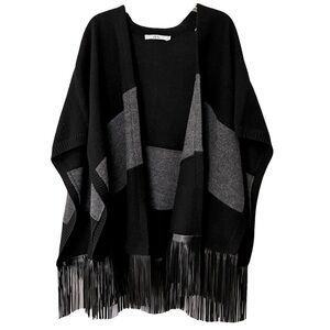 PH5 Pure Wool Oversized Square Cape Sweater Poncho with Fringe Bottom S Boho